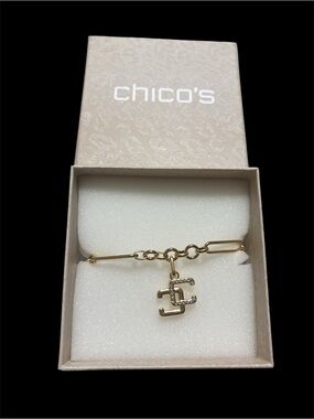 Chico's Gold-Tone Link Bracelet with 'C' Crystal Charm